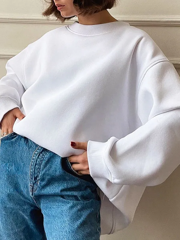 Solid Color Long Sleeves Loose Round-Neck Sweatshirt Tops