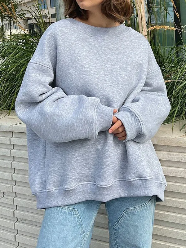 Solid Color Long Sleeves Loose Round-Neck Sweatshirt Tops