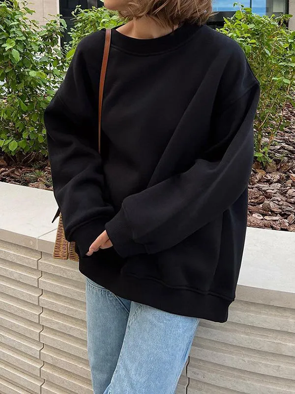 Solid Color Long Sleeves Loose Round-Neck Sweatshirt Tops