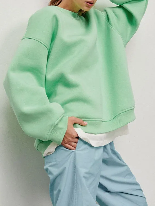Solid Color Long Sleeves Loose Round-Neck Sweatshirt Tops