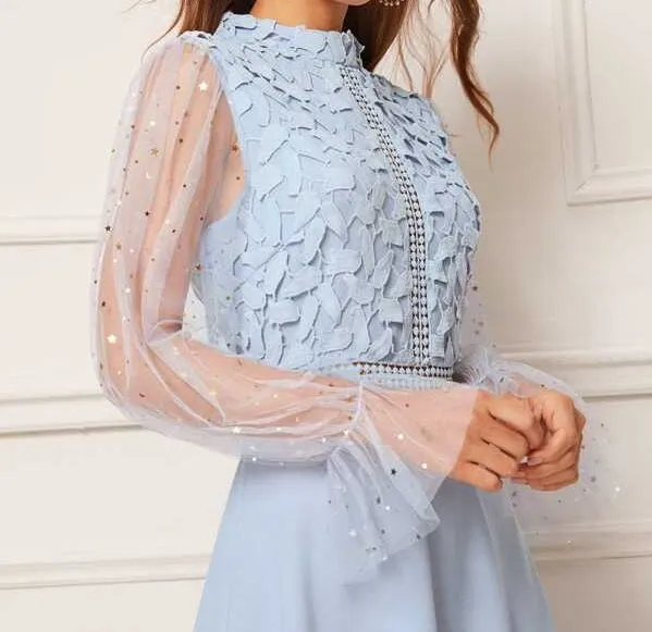 Star Mesh Bell Sleeve Guipure Lace Bodice Solid Dress